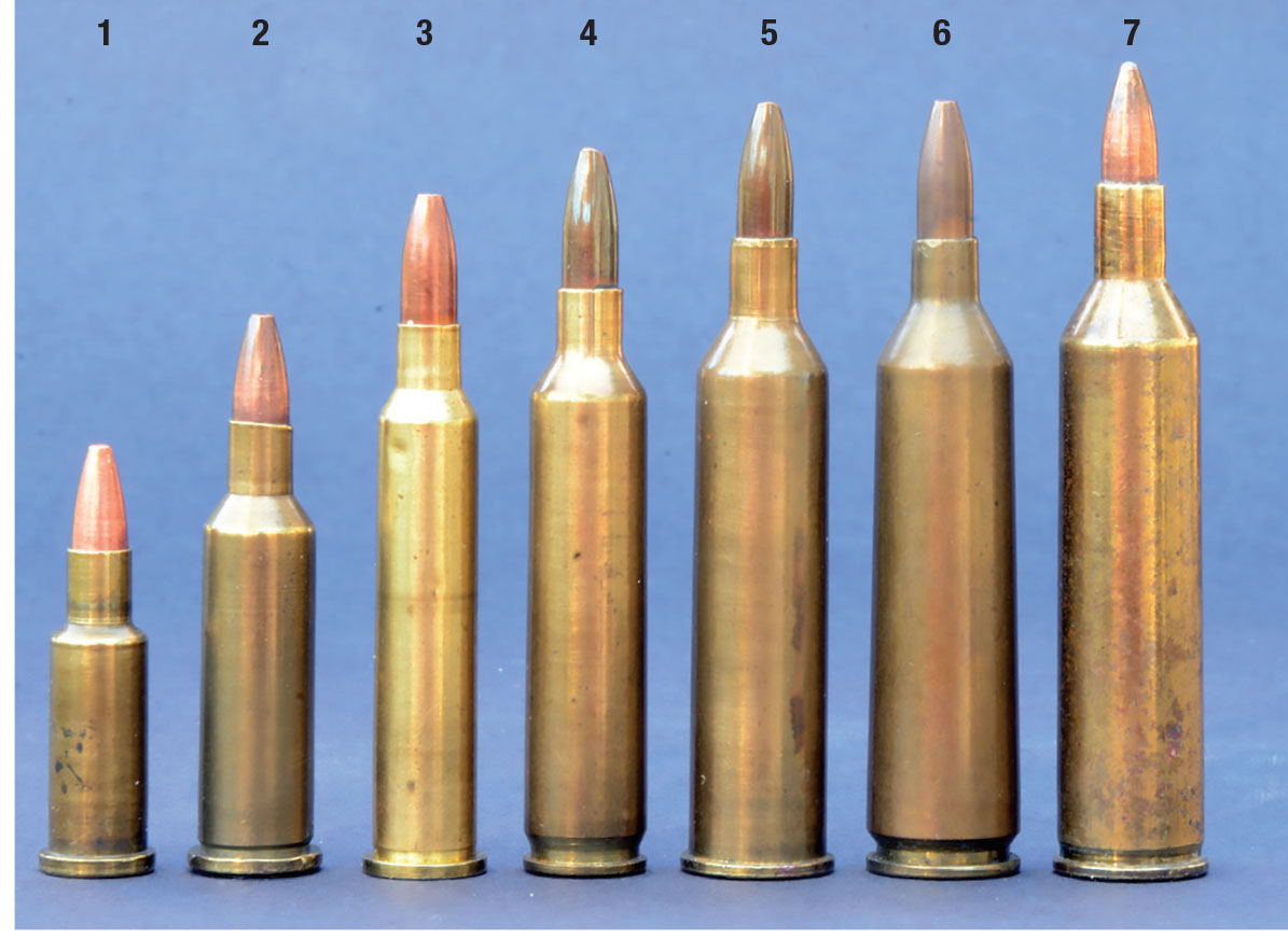 A few of the many 17-caliber wildcats of yesteryear: (1) 17-22 Hornet Short, (2) 17-218 Ackley Bee, (3) 17 Landis Woodsman, (4) 17-222 Remington Magnum, (5) 17-225 Winchester, (6) 17-22-250 and (7) 17-220 Swift.
